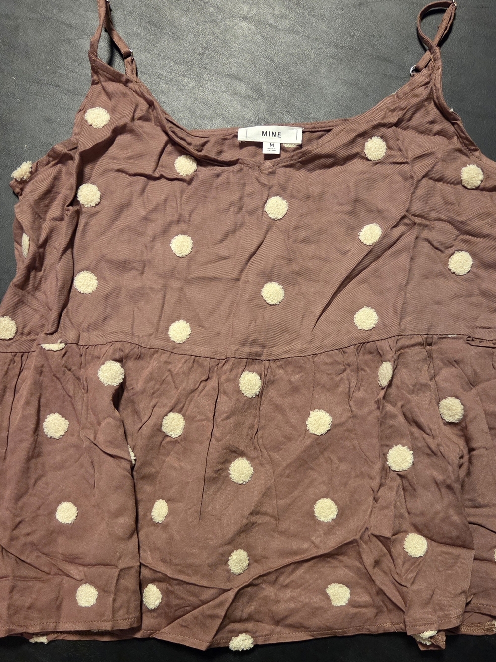 MINE Brown Spaghetti Strap Tank with Cream Pom Dots